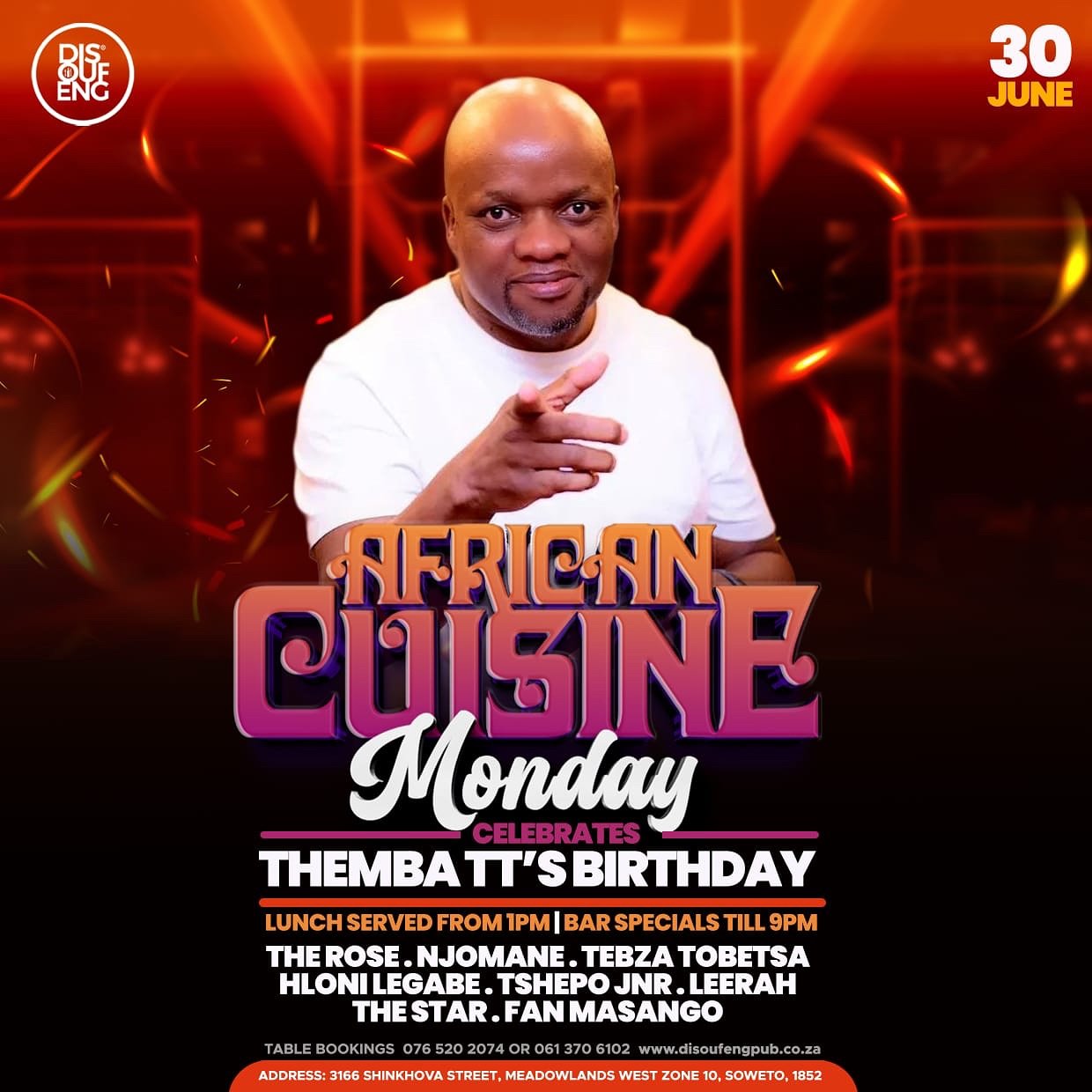 This Monday we celebrate @themba_tt_tshabalala &amp; Nhlanhla&rsquo;s Birthdays in true Disoufeng style! 🎉🎂 Come enjoy delicious African cuisine, good vibes &amp; a hot lineup of DJs 🎶

🍽️ Lunch served from 1PM
🍹 Bar specials till 9PM
💨 50% Hub