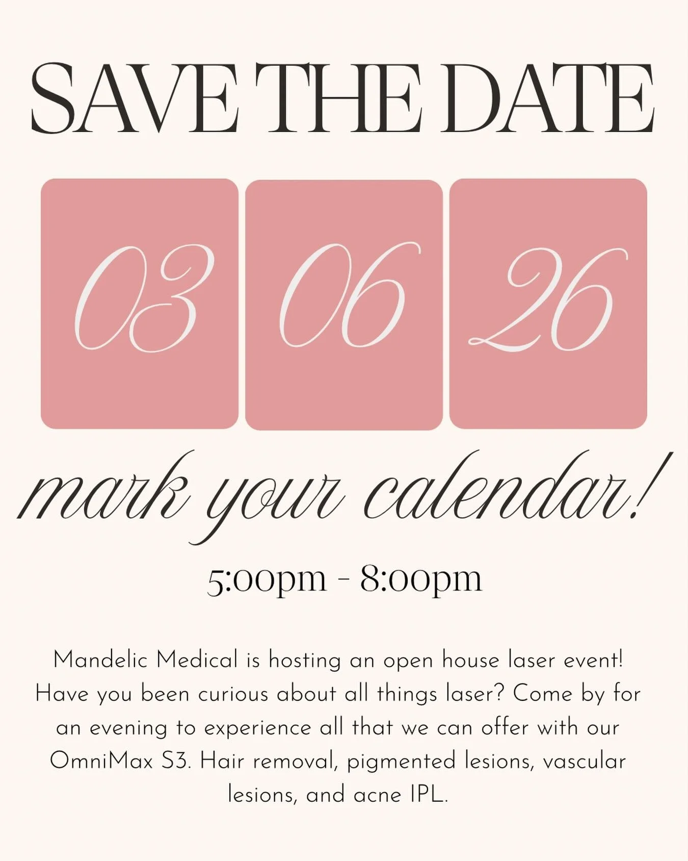 SAVE THE DATE 📅 

WHEN : March 6th 2026
TIME : 5:00PM - 8:00PM
LOCATION : 51 St James St S, Waterford 

Come join us for an evening full of all things laser ⚡️

&bull; Live Demos 
&bull; Laser Q &amp; A
&bull; Refreshments 
&bull; Door Prize 
&bull;