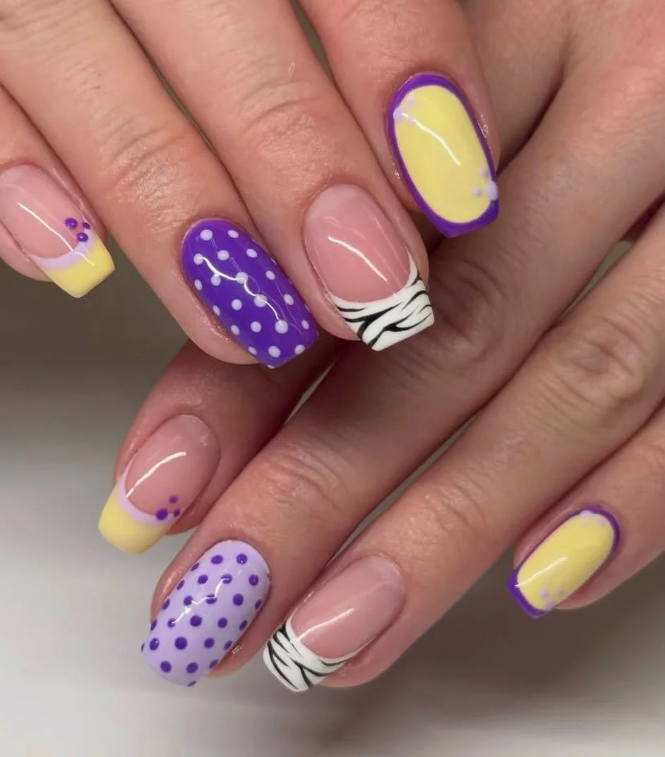 Spring - but make it bold 💜💛

Mixing prints, pops of colour &amp; that glossy bio gel finish - because simple isn&rsquo;t always the vibe ✨

#mandelicmedicalaesthetics #biogelfullset #springnailart #norfolkcountynails #waterfordontario