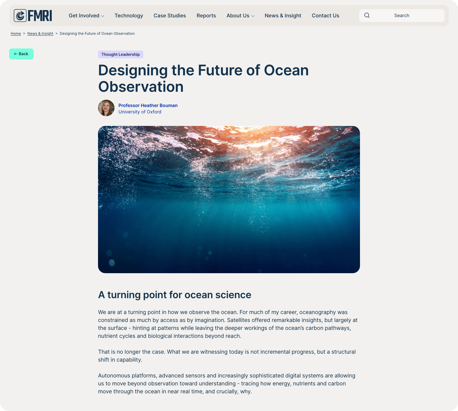 A user interface visual showing a thought leadership piece by Prof Heather Bouman called "Designing the Future of Ocean Observation". The main image is an underwater ocean scene with sunlight filtering through the water.
