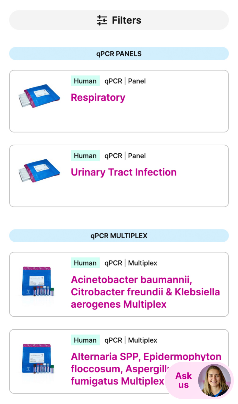 Screenshot of a webpage showing different types of qPCR panels for humans, including respiratory, urinary tract infection, and multiplex panels, each with images of testing kits and their descriptions.