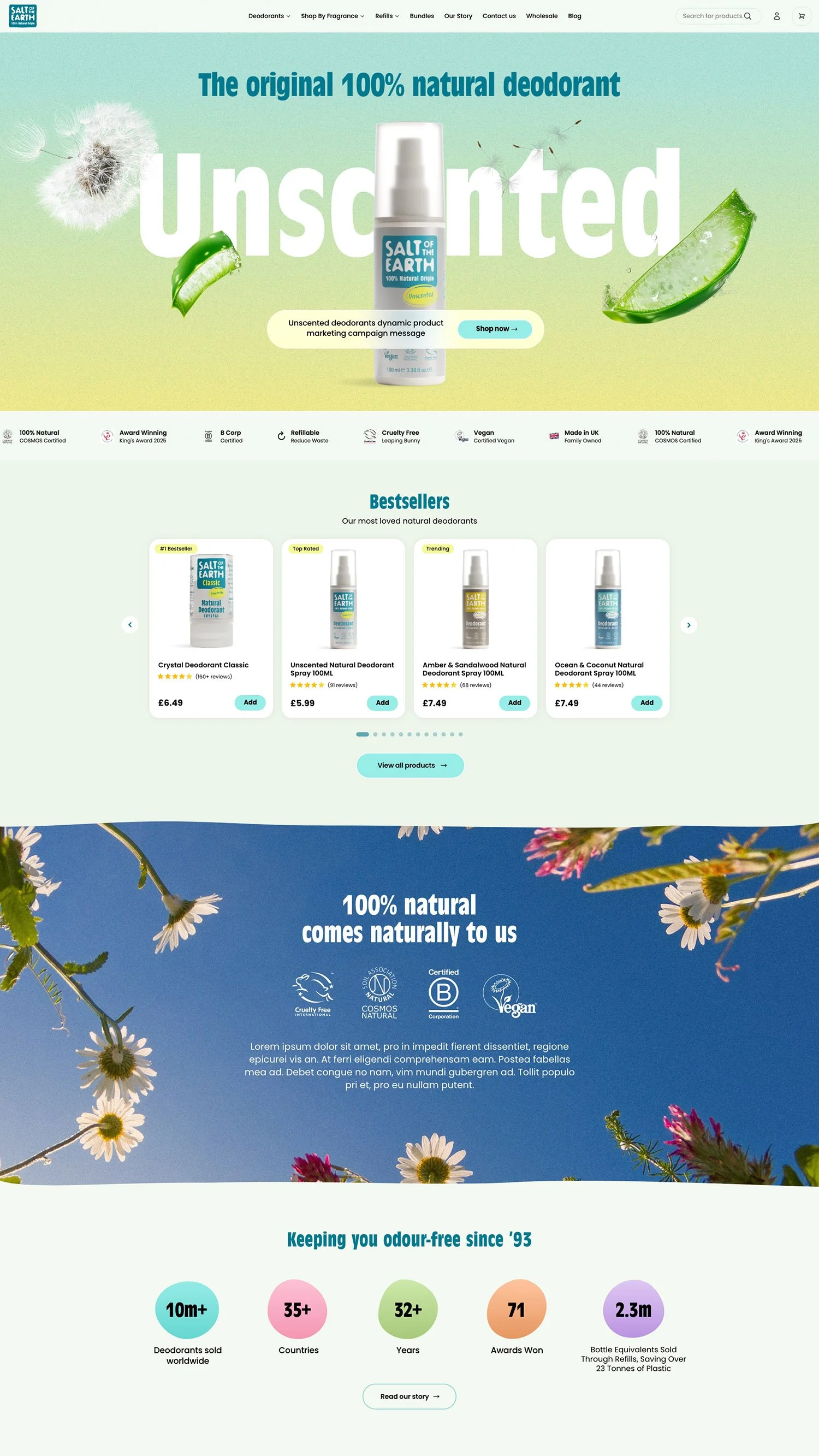 Screenshot of a website homepage for Salt of the Earth natural deodorants. The page features promotional banners, product listings, and icons indicating product qualities such as natural, cruelty-free, vegan, and award-winning. The background includes images of dandelions, aloe vera, and flowers.