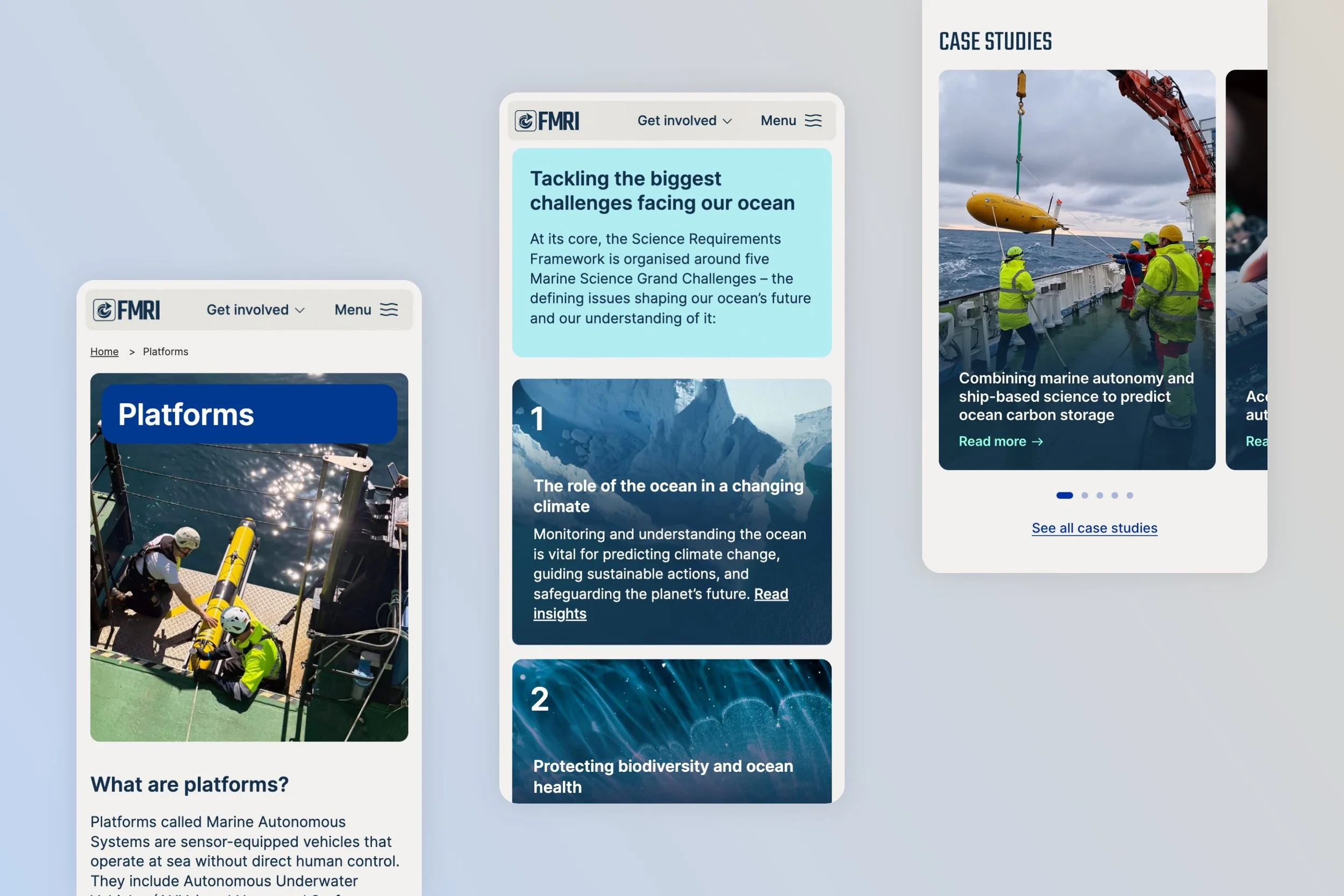 Multiple mobile screens showing user interafce design for the Future Marine Research Infrastructure website including technology platforms, science requirements framework and case studies.