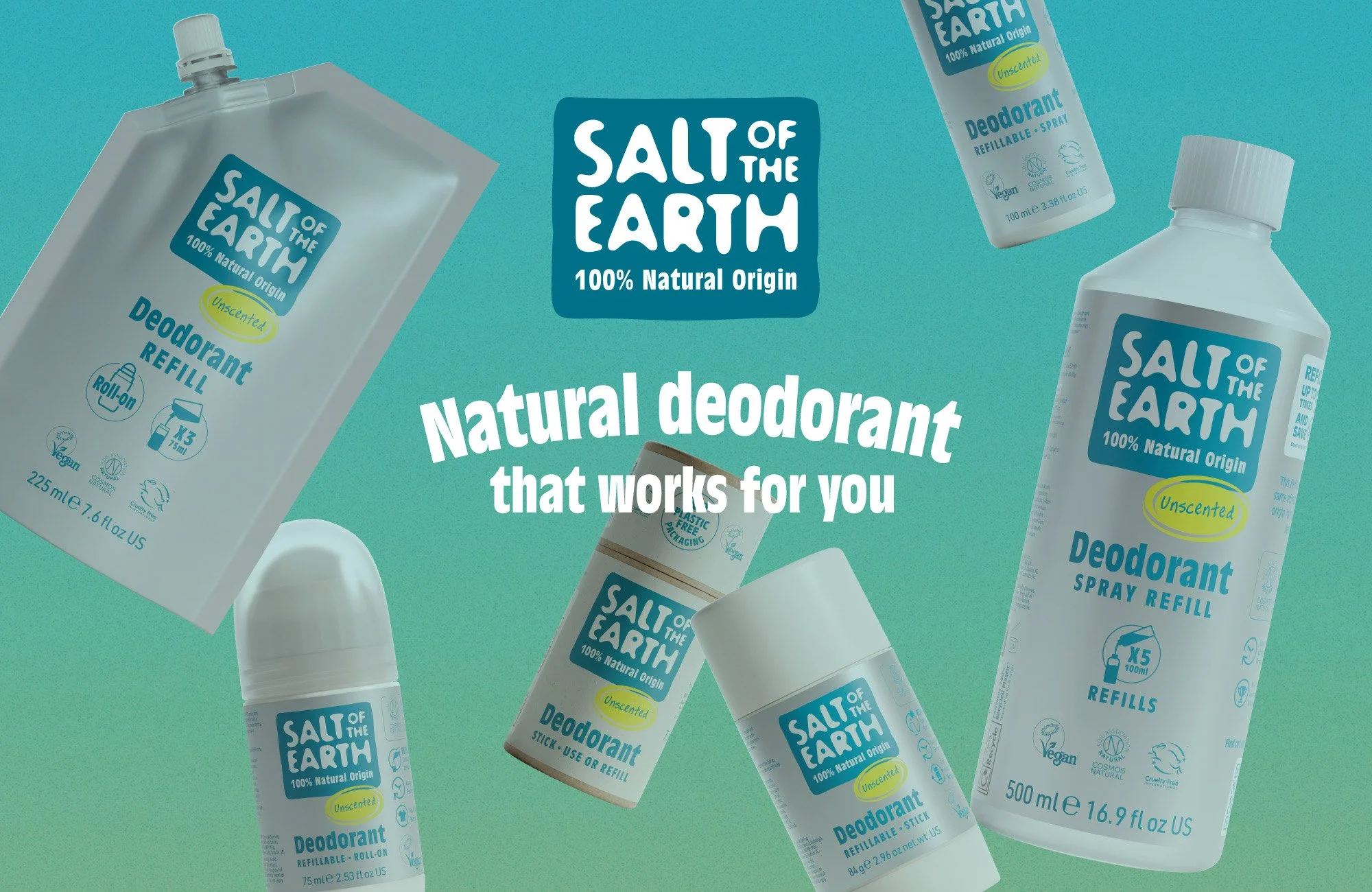 Assorted Salt of the Earth natural deodorant products, including spray refill, stick, roll-on, and sachets, arranged on a turquoise background with promotional text.