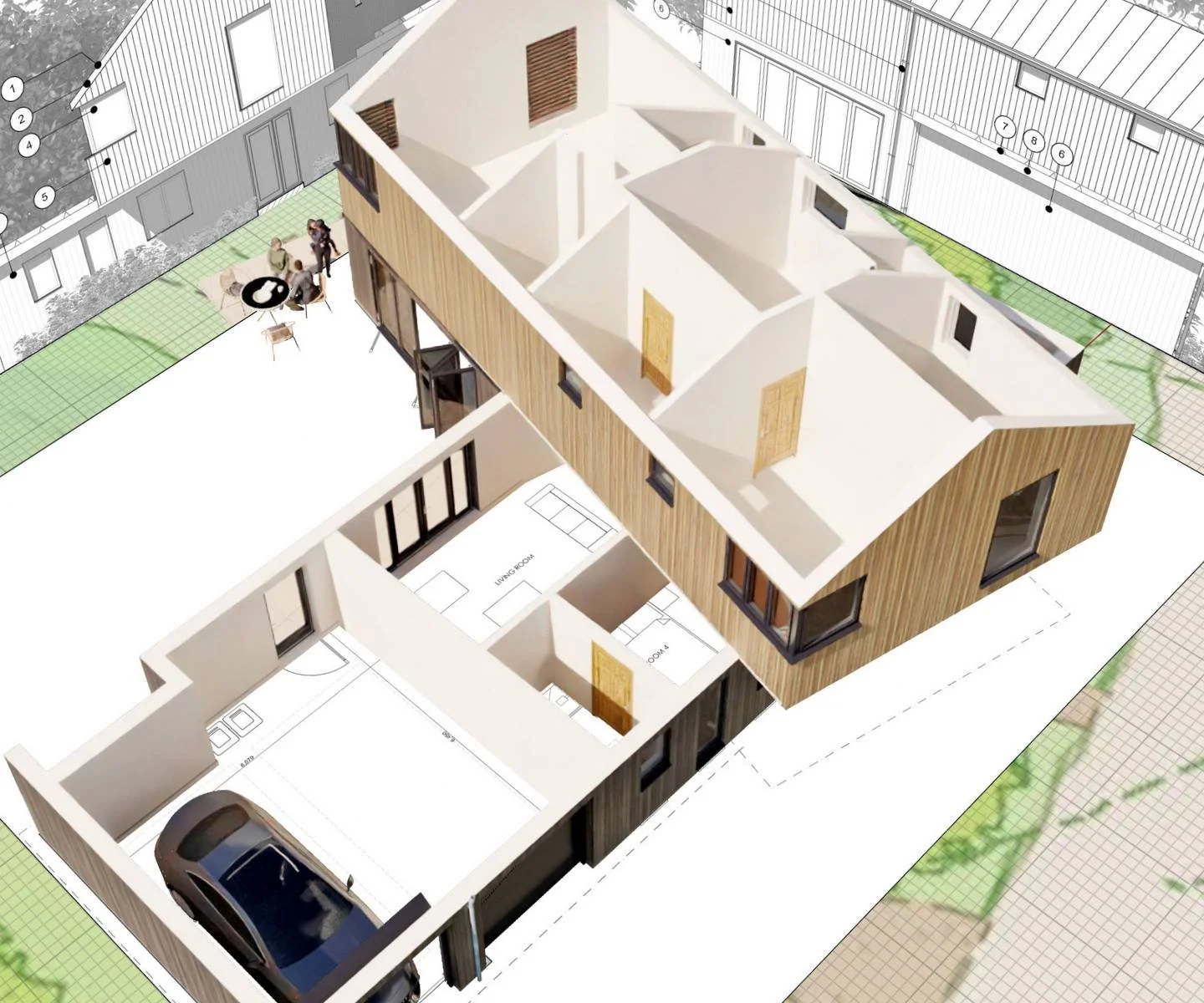 A 3D site planning CGI visualisation with interior floor plans, roof structure, and exterior yard, showing multiple rooms, a garage with a car, and outdoor seating area with people, surrounded by blueprint and garden elements.