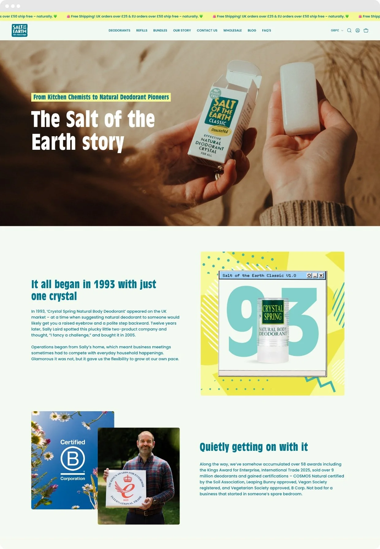 Website homepage for Salt of the Earth natural deodorant featuring a person holding a box of natural deodorant and a bar of soap, with sections about the product's history and certifications.