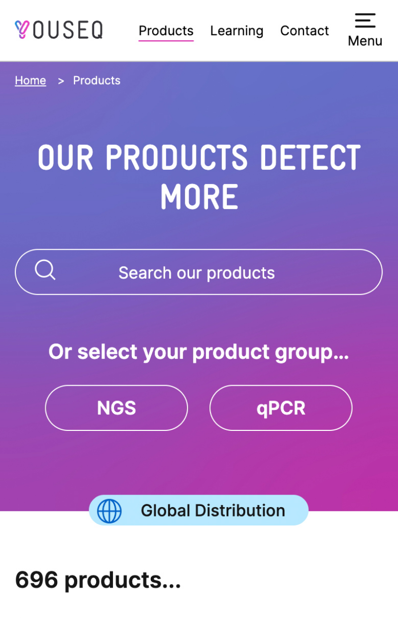 Screenshot of a website homepage for OUSEQ with navigation menu, search bar, and product categories for NGS and qPCR, with a purple gradient background.