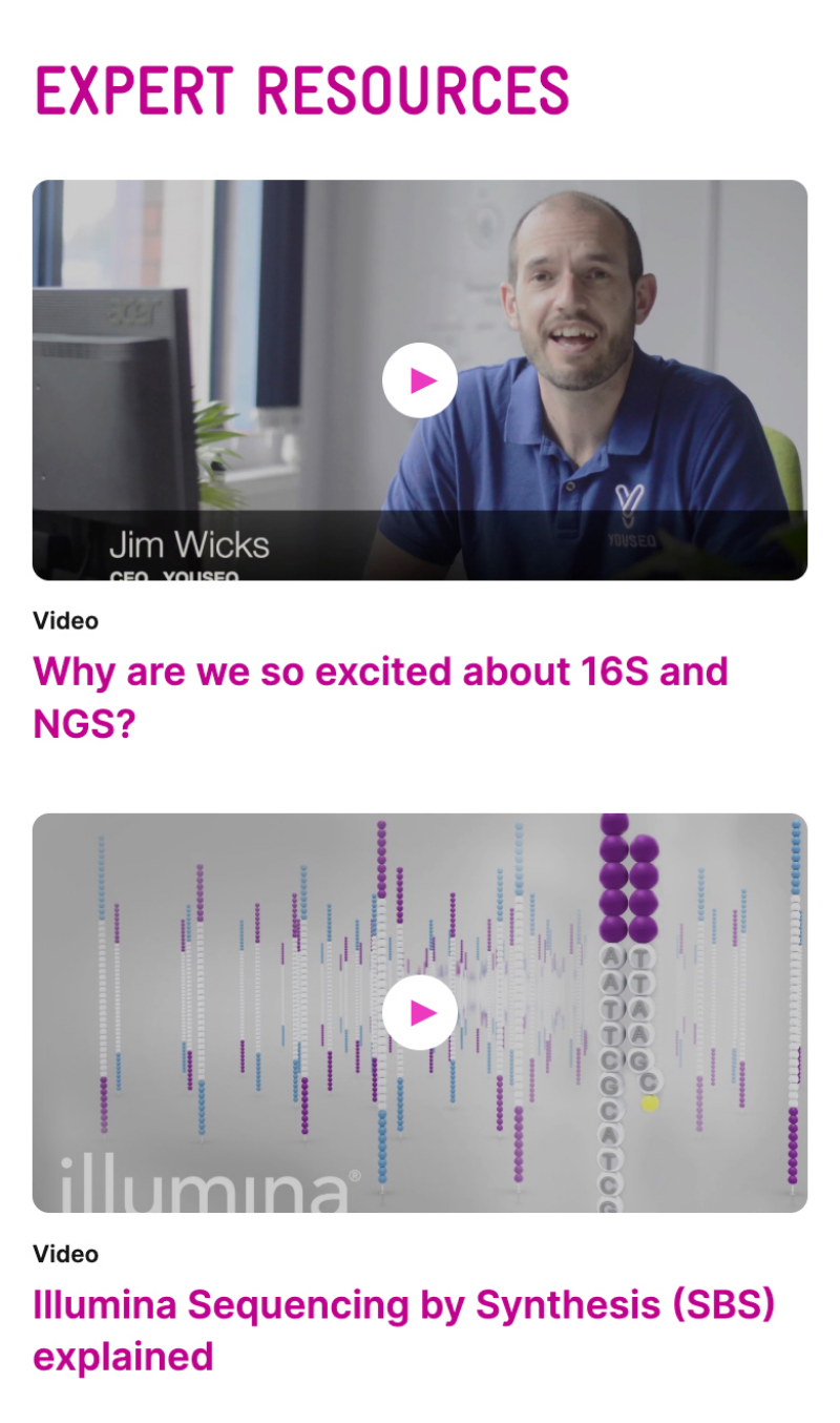 Thumbnail of a video featuring Jim Wicks, CEO of YouSep, wearing a blue shirt with a logo, sitting at a desk in an office setting, with the title "Why are we so excited about 16S and NGS?". Below that, an image of DNA sequencing data visualization with the title "Illumina Sequencing by Synthesis (SBS) explained."