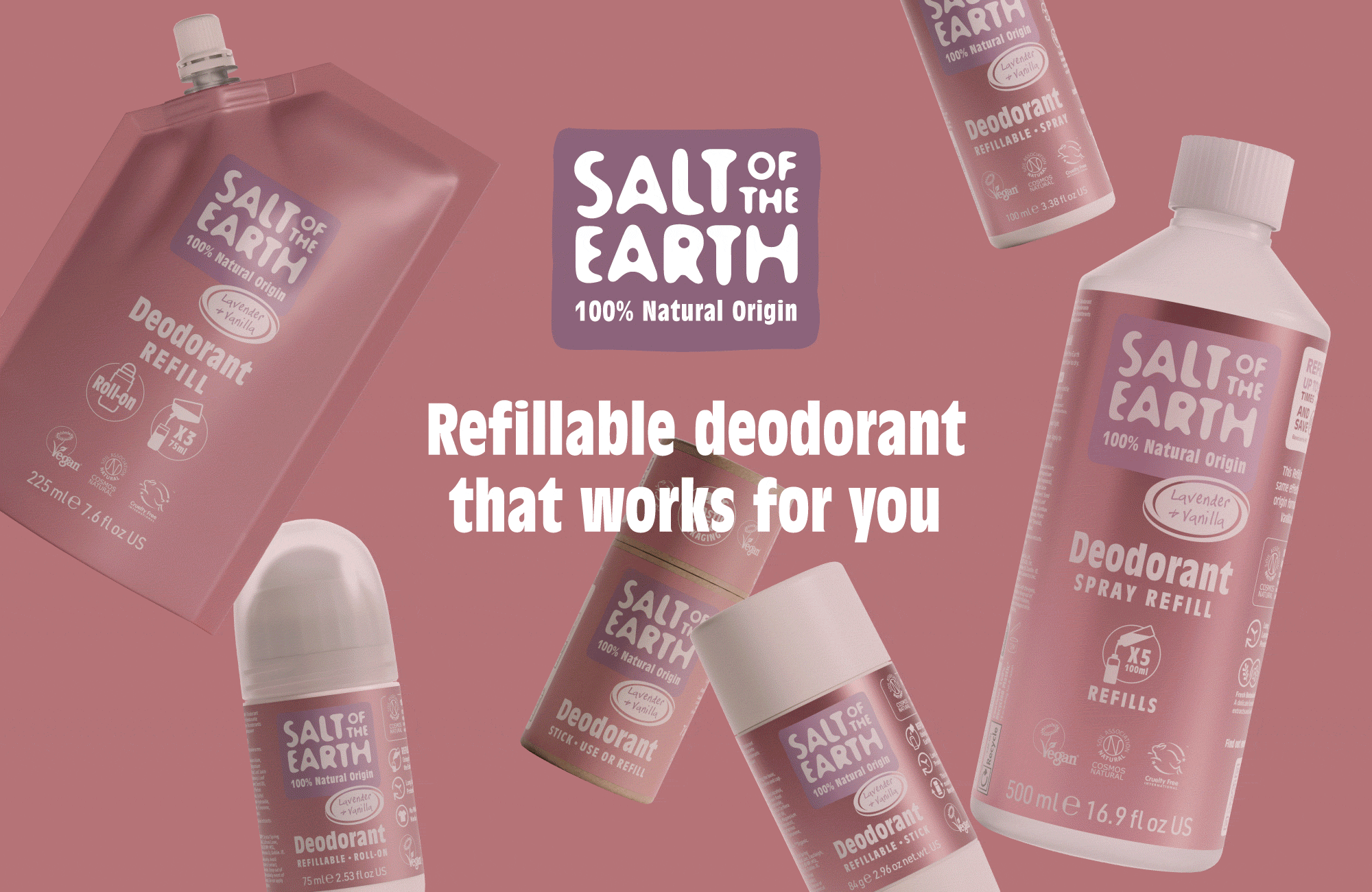 Various Salt of the Earth deodorant products, including spray, stick, roll-on, and refill packaging, arranged on a pink background with the brand's logo and the text 'Refillable deodorant that works for you'.
