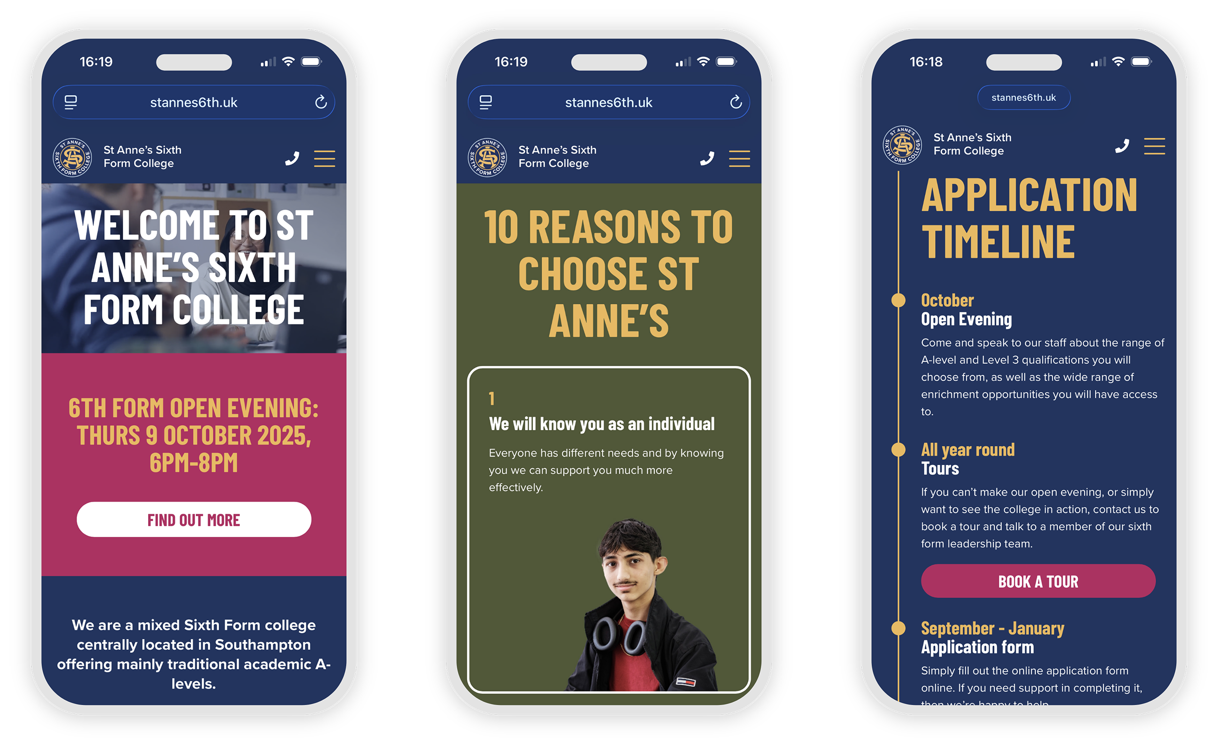 Three smartphone screens displaying a college website with information about St. Anne's Sixth Form College, including an open evening event, reasons to choose the college, and an application timeline.