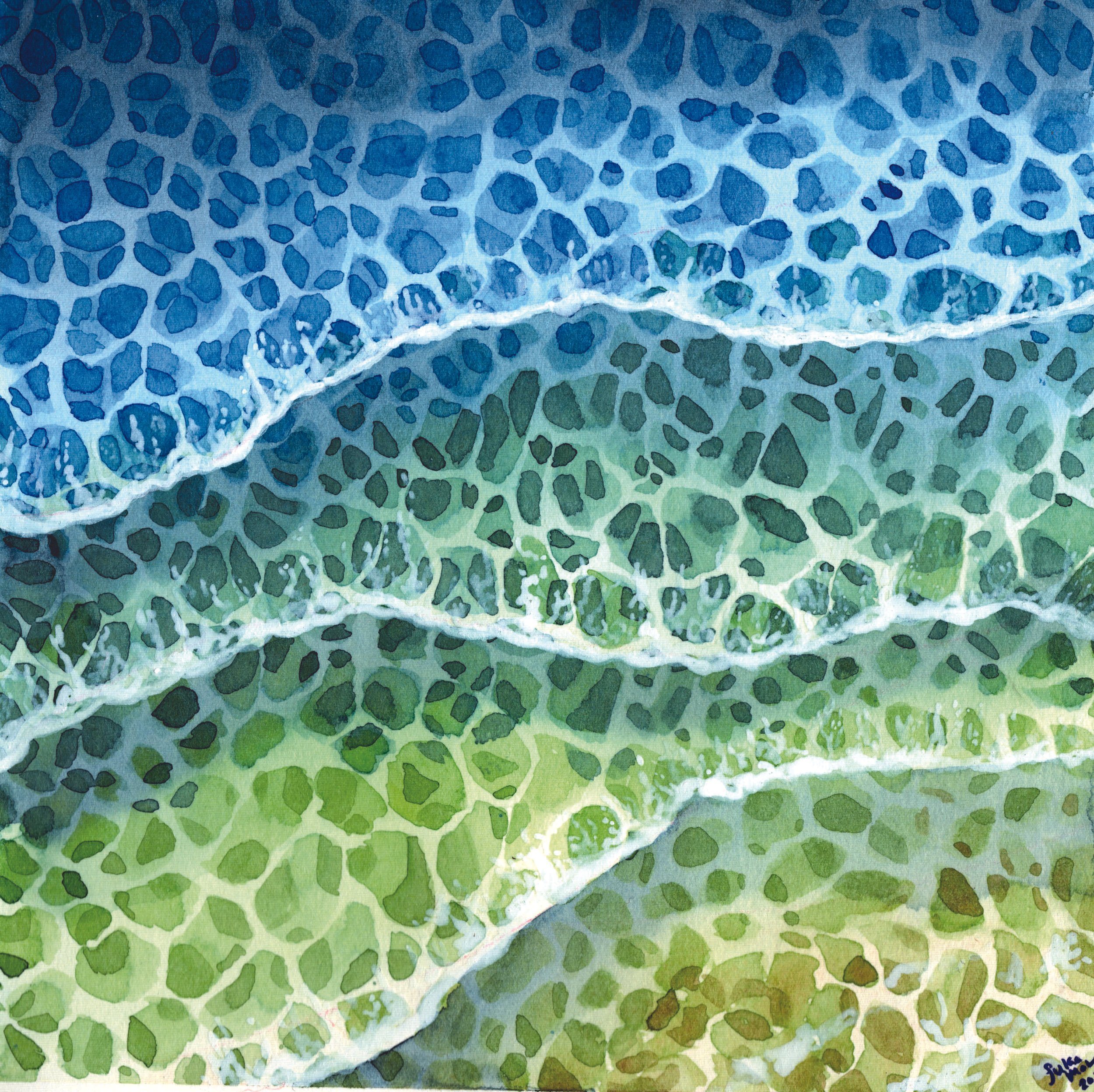 A painting of ocean waves from above