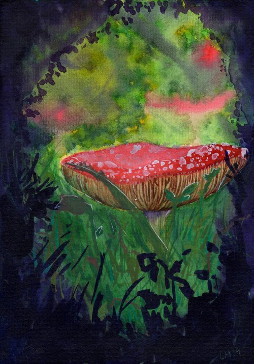 a painting of a red mushroom in a forest
