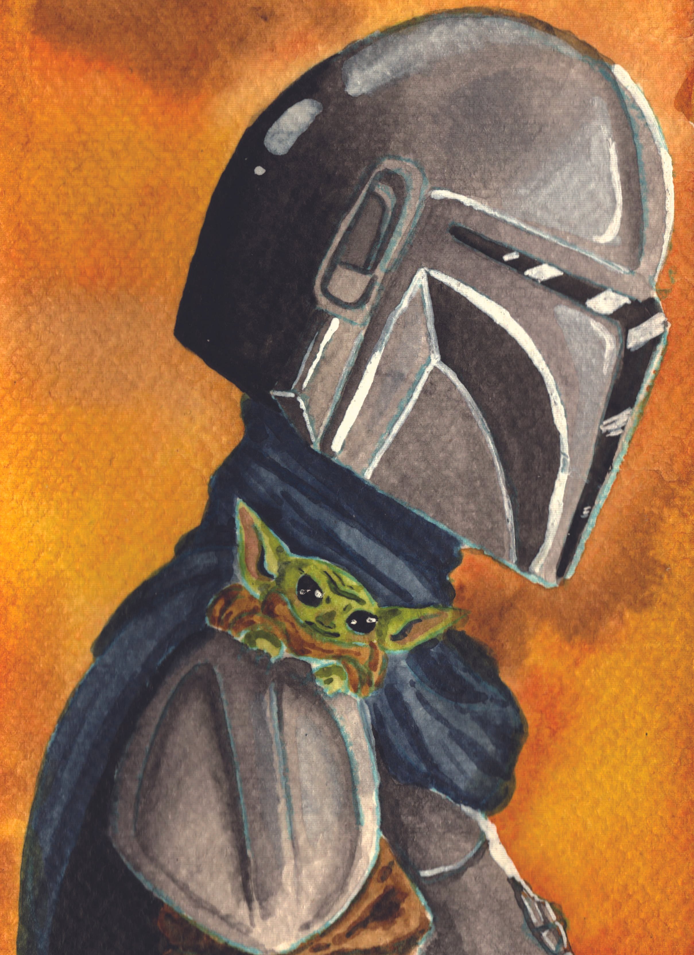 A portrait of the Mandalorian and Grogu from Star Wars