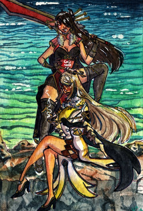A painting of Beidou and Ningguang from Genshin Impact relaxing in front of a body of water