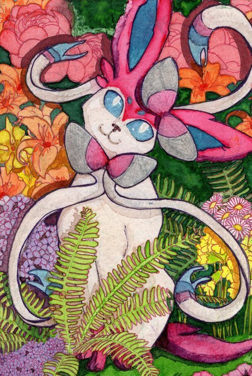 A sylveon from Pokémon sitting amongst flowers and plants