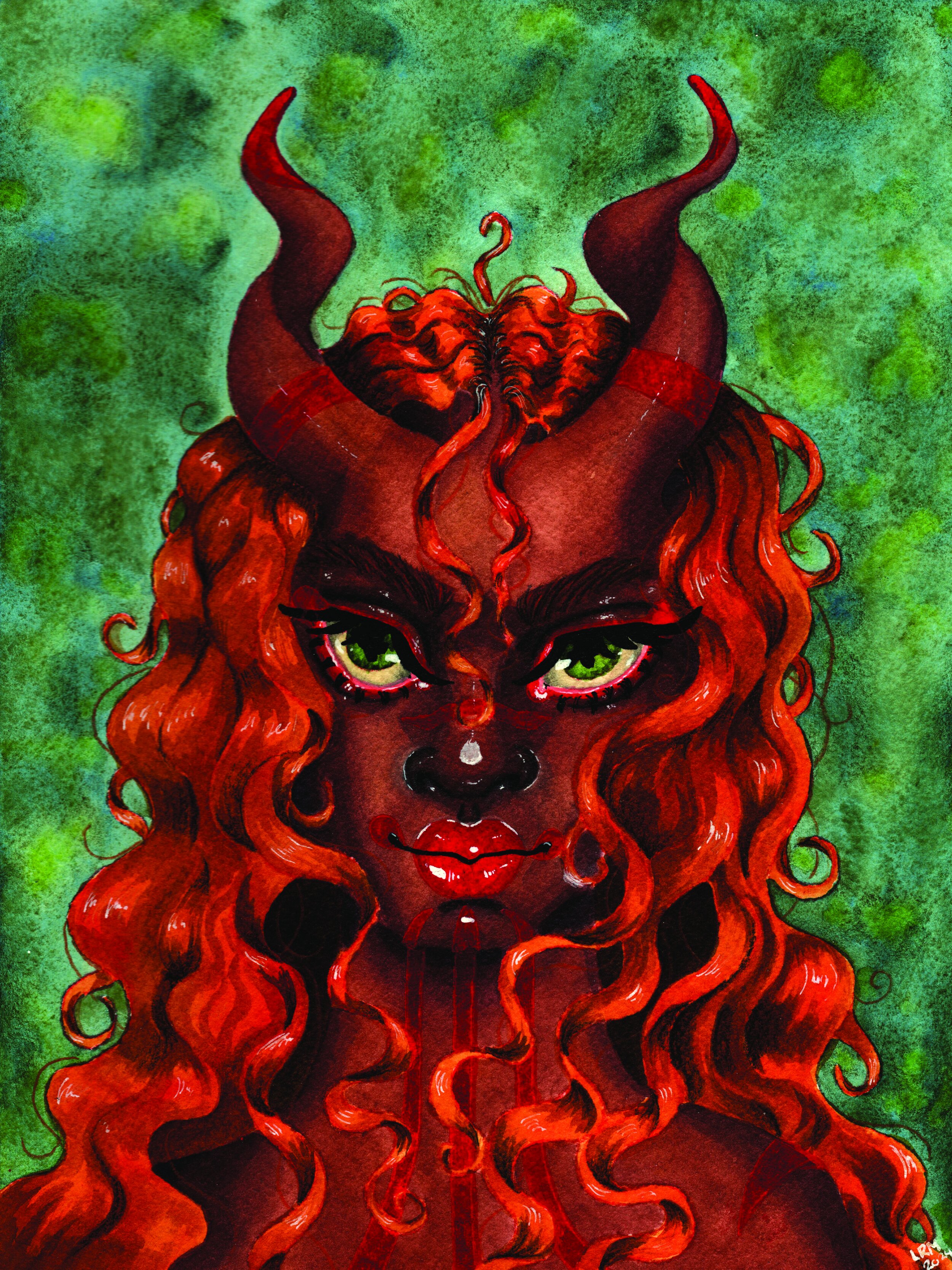 A portrait of a ginger horned femme person
