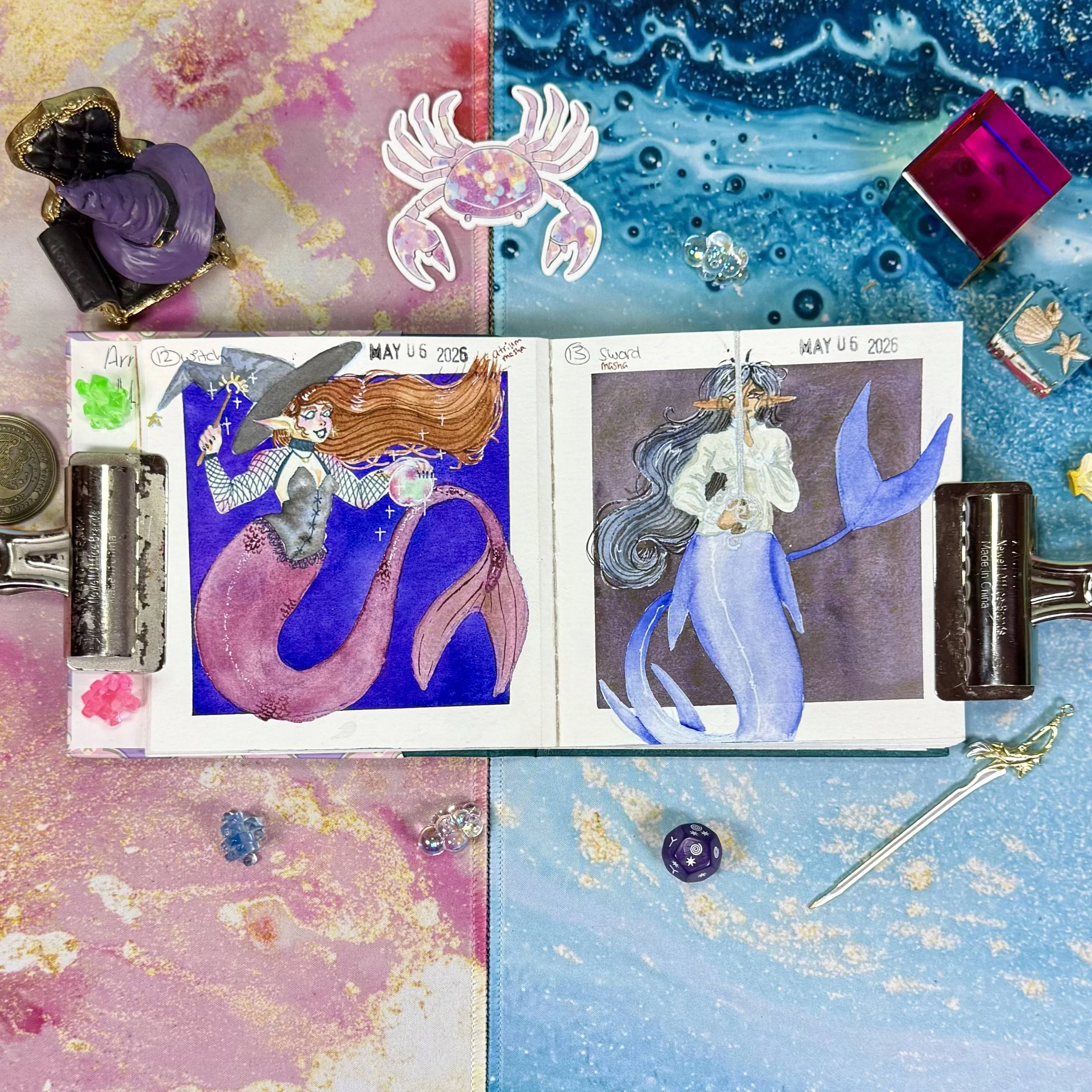 a witchy mermaid and a mermaid with a sword