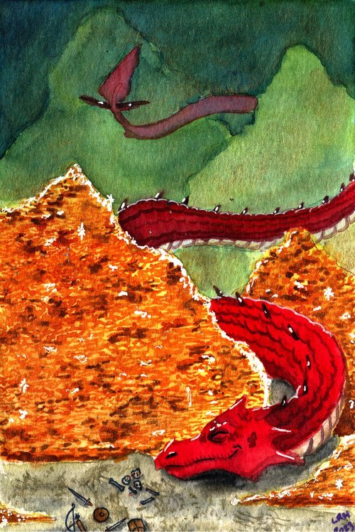 a red dragon with a large hoard of treasure