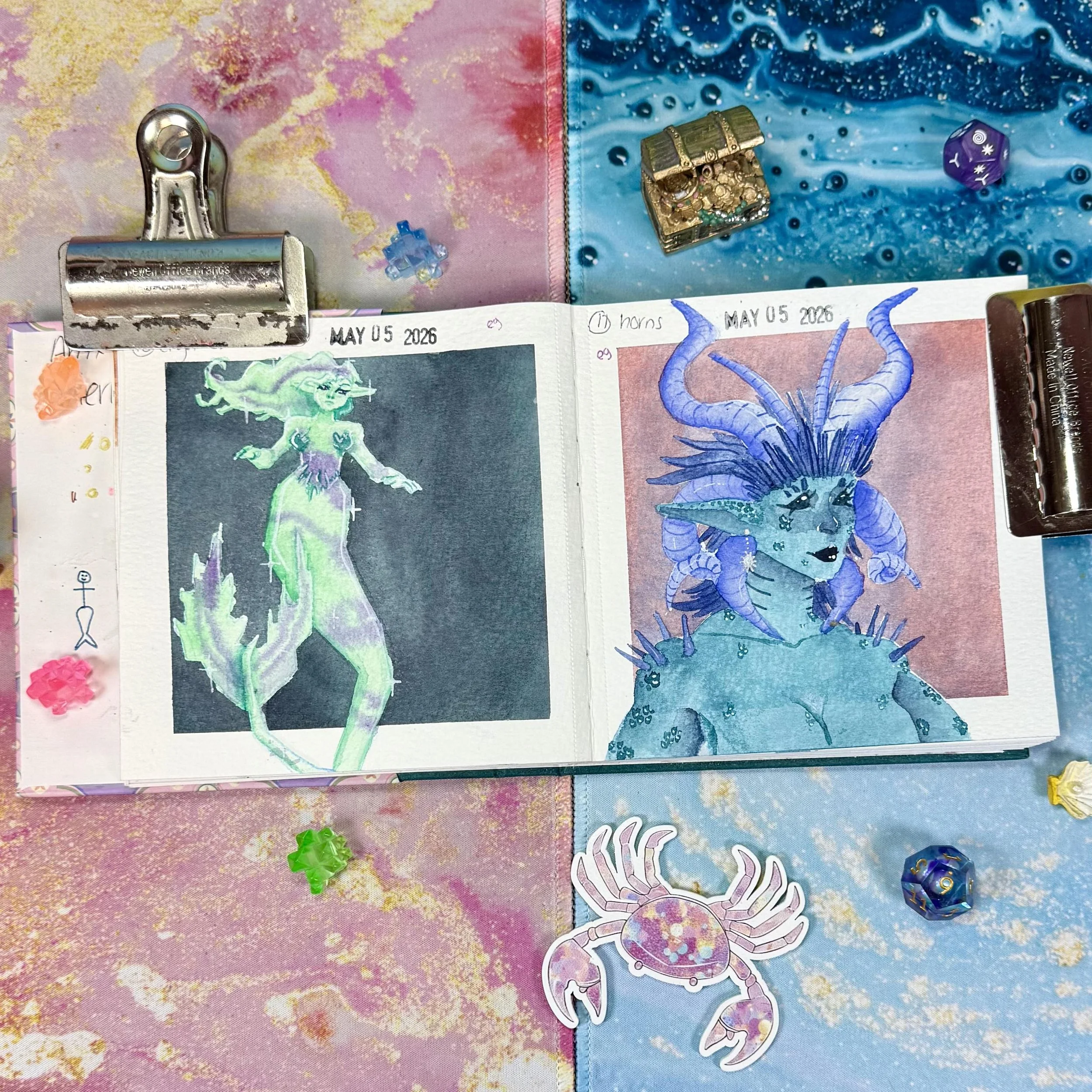 a crystalline mermaid and a mermaid portrait with many horns