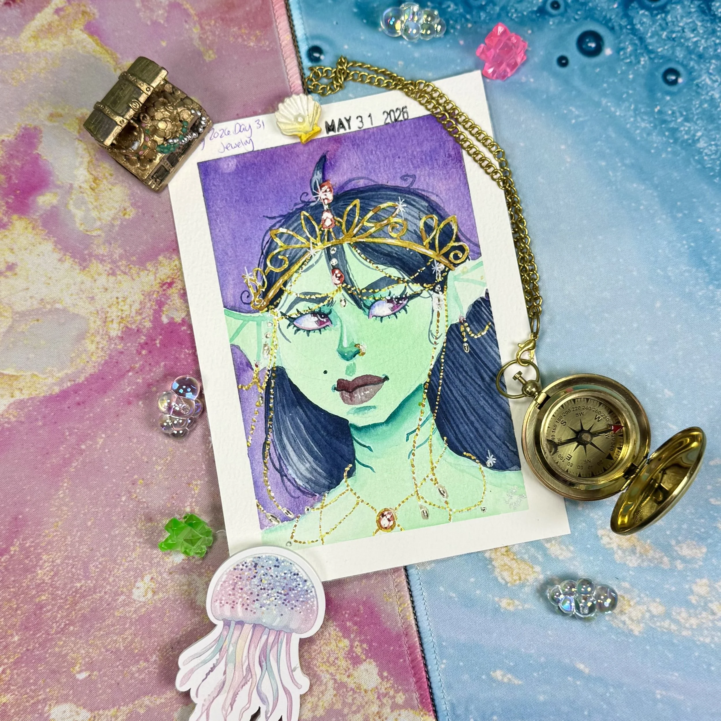 a portrait of a mermaid with mint skin wearing gold jewelry with pearls and red gems