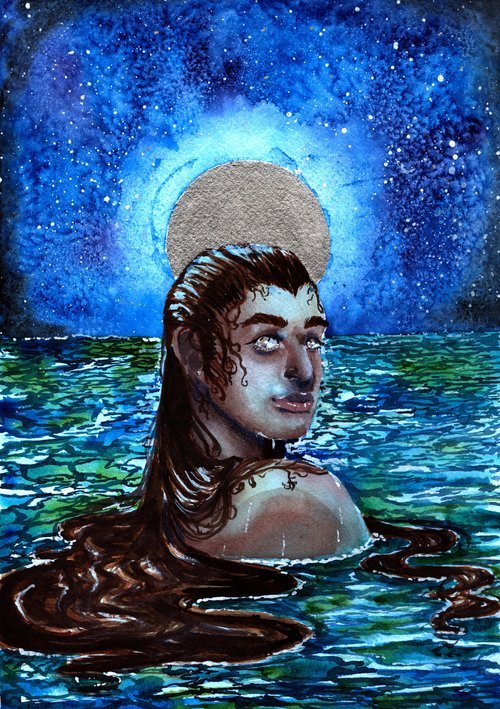 A painting of a femme person in a body of water with a bright silver moon behind them