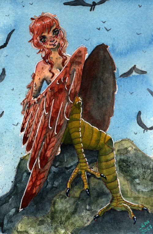 A painting of a harpy relaxing on a rock
