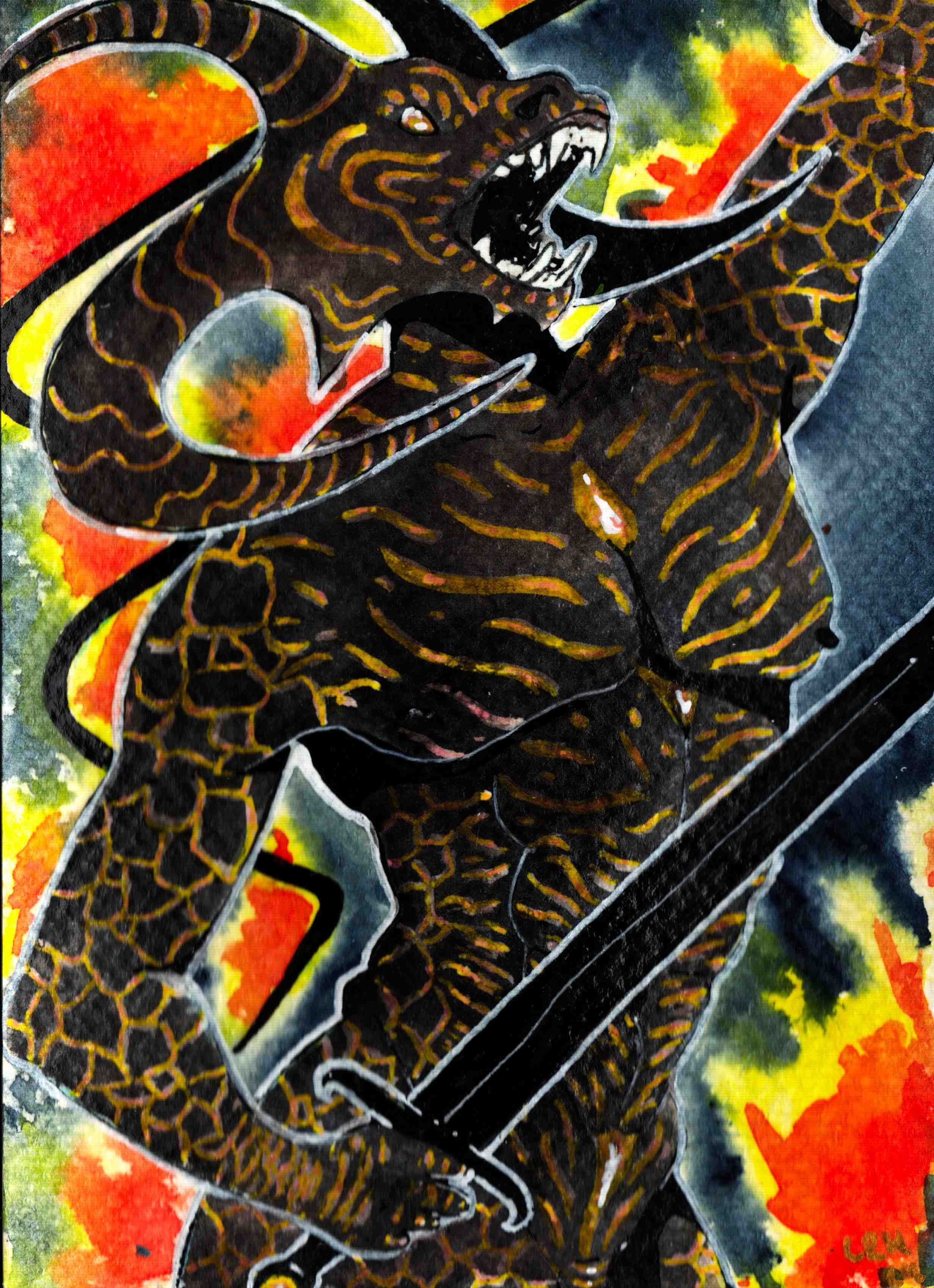 A painting of a balrog from Middle Earth holding a black sword, with fire behind it