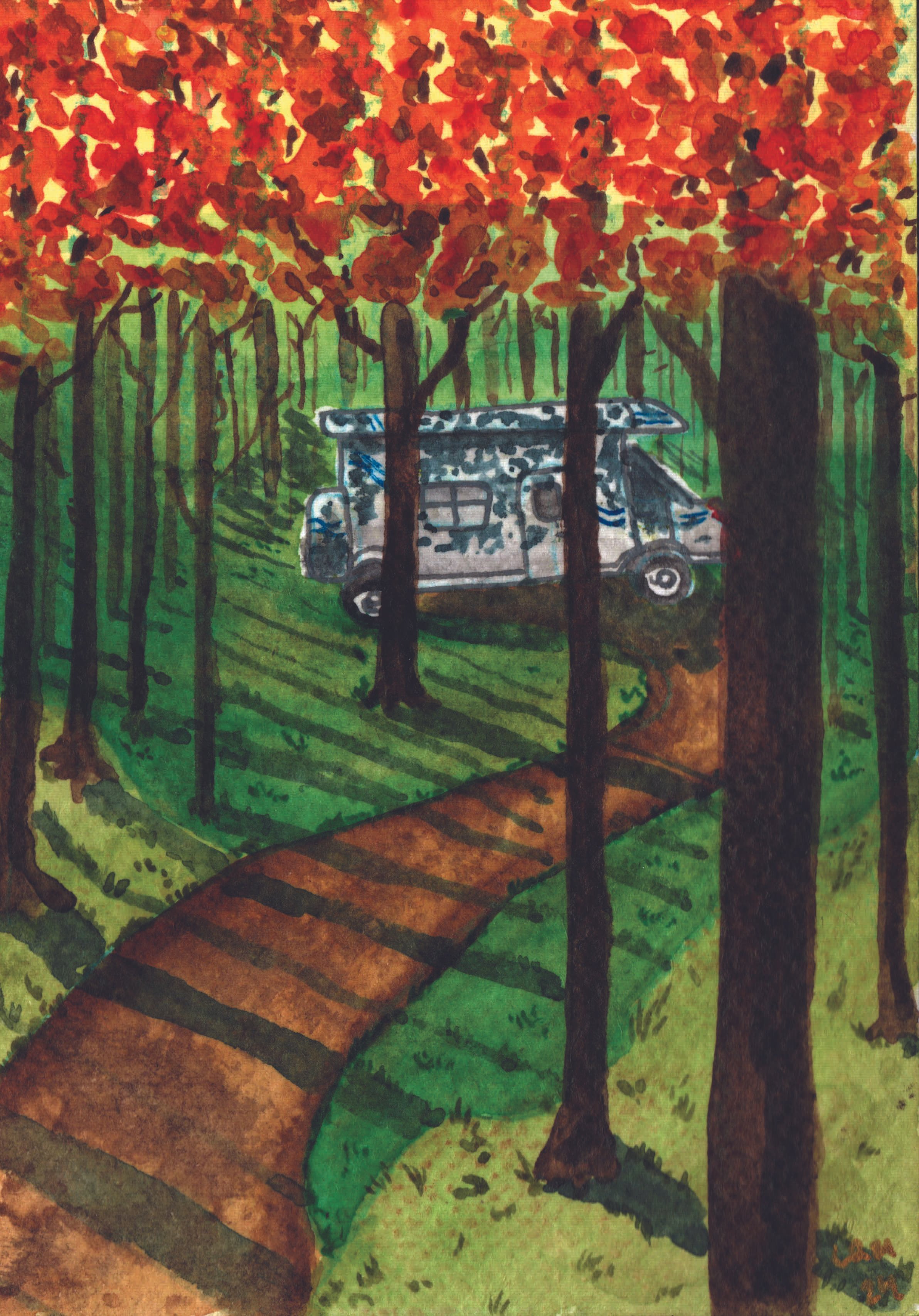 A painting of an autumn forest path leading to a parked RV/camper