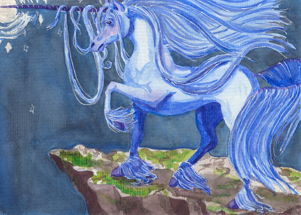 A white unicorn on a bluff edge