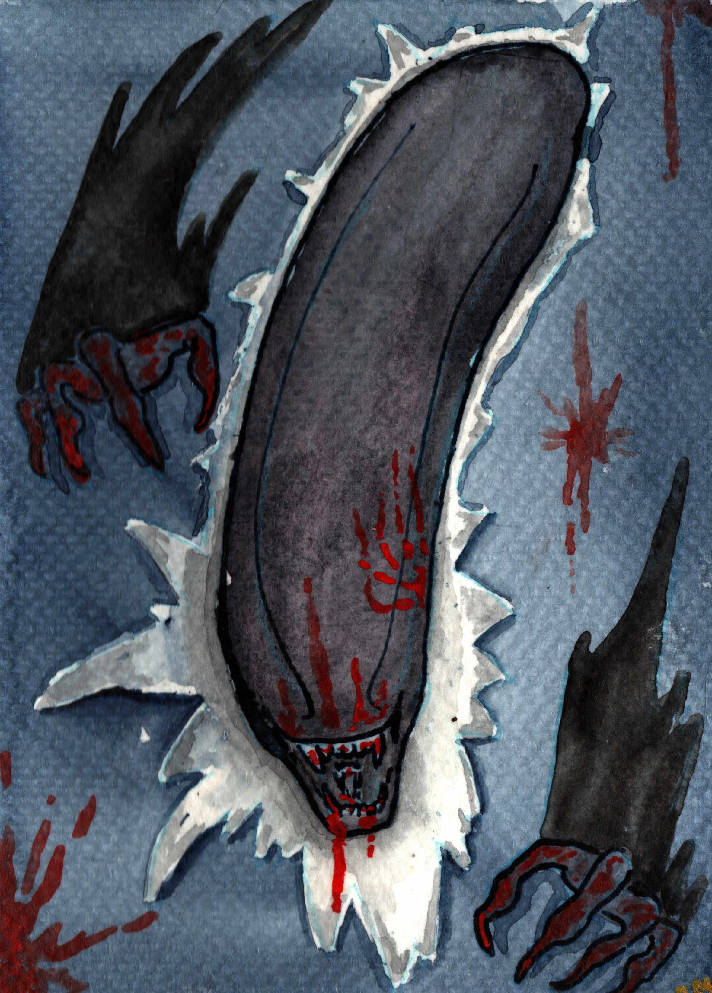 A painting of a xenomorph clawing through the page