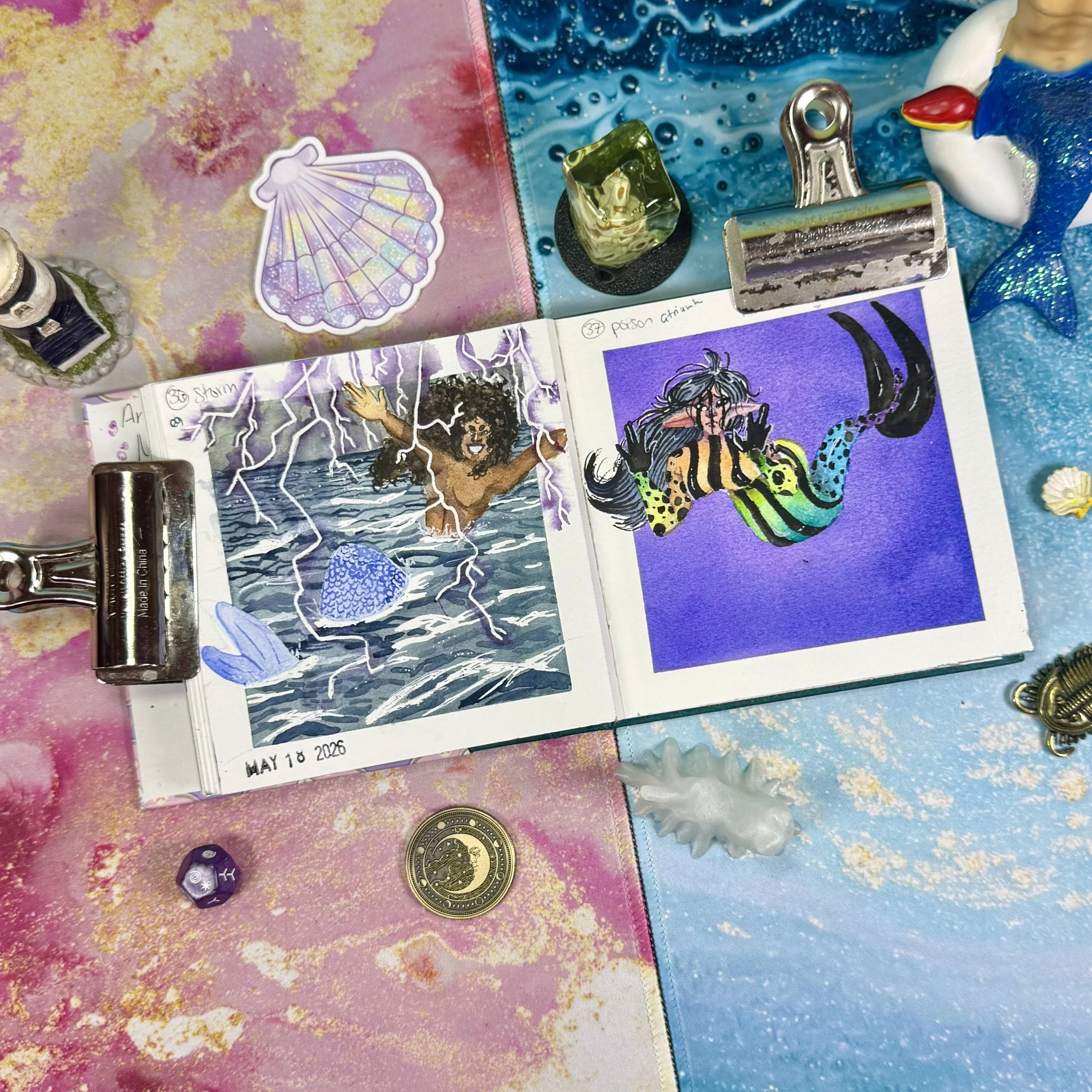 A mermaid surrounded by lightning in a stormy ocean, and a poison mermaid