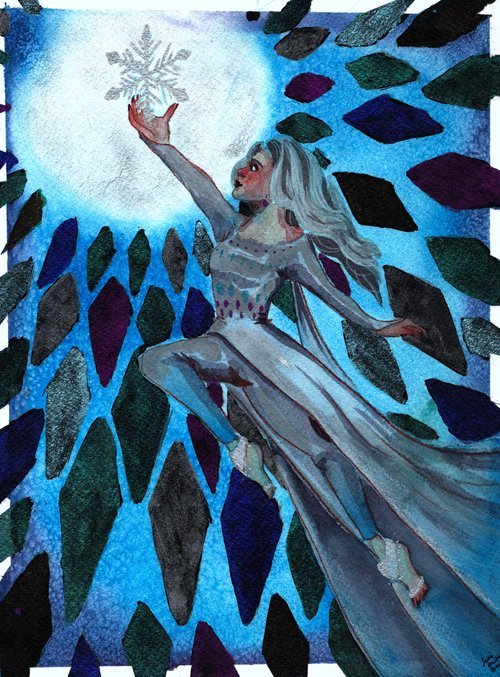 A painting of Elsa from Frozen reaching out to a large silver snowflake with metallic diamond shapes emanating from it