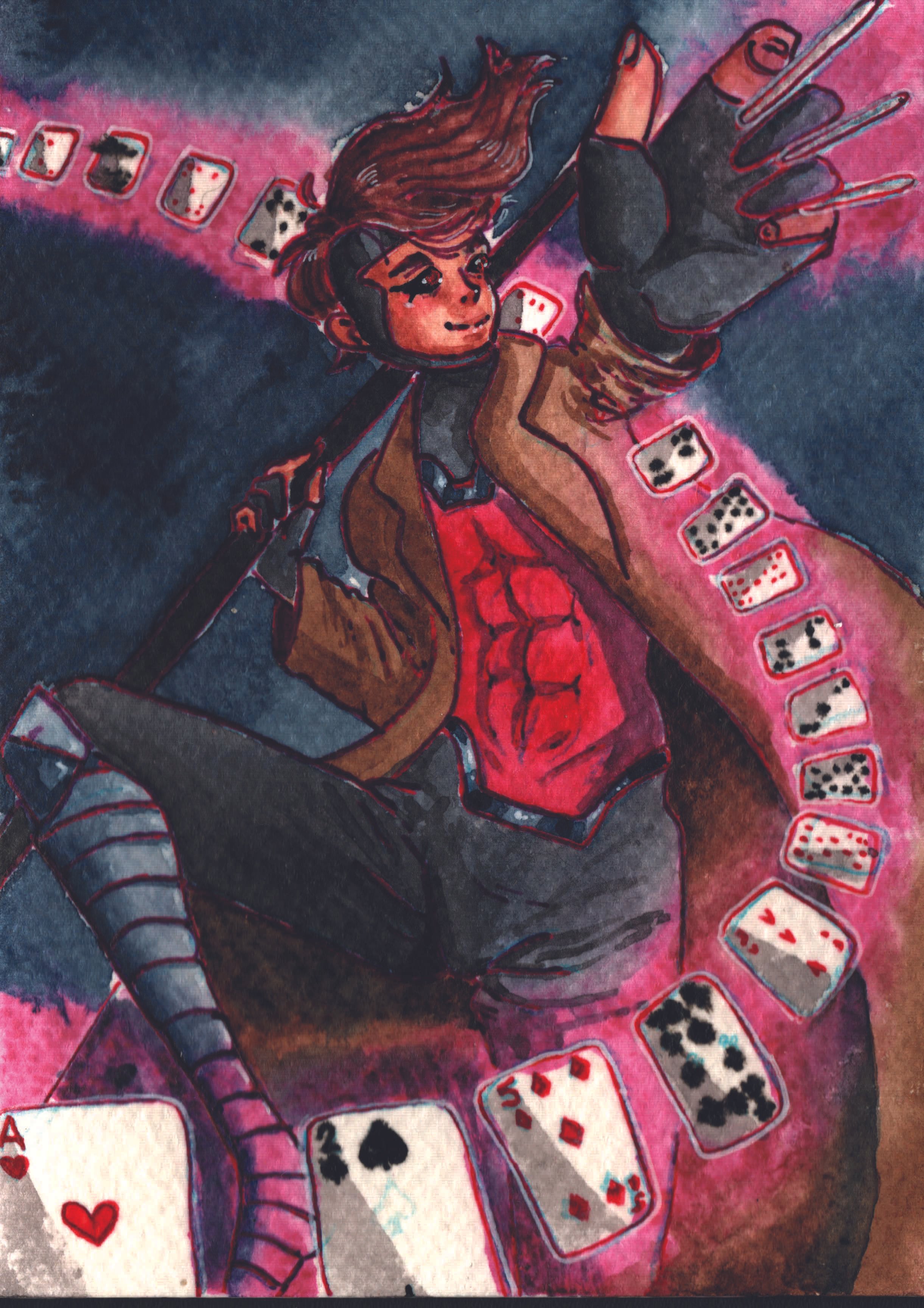 A painting of Gambit from X-Men surrounded by glowing cards