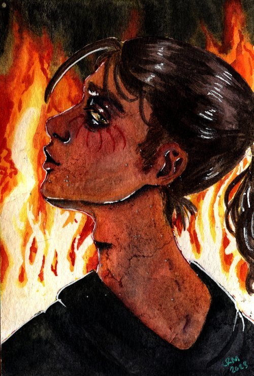A portrait of Eren from Attack on Titan with fire behind him