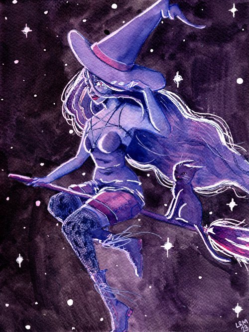 A painting of a sad witch and her goofy cat flying on a broom at night