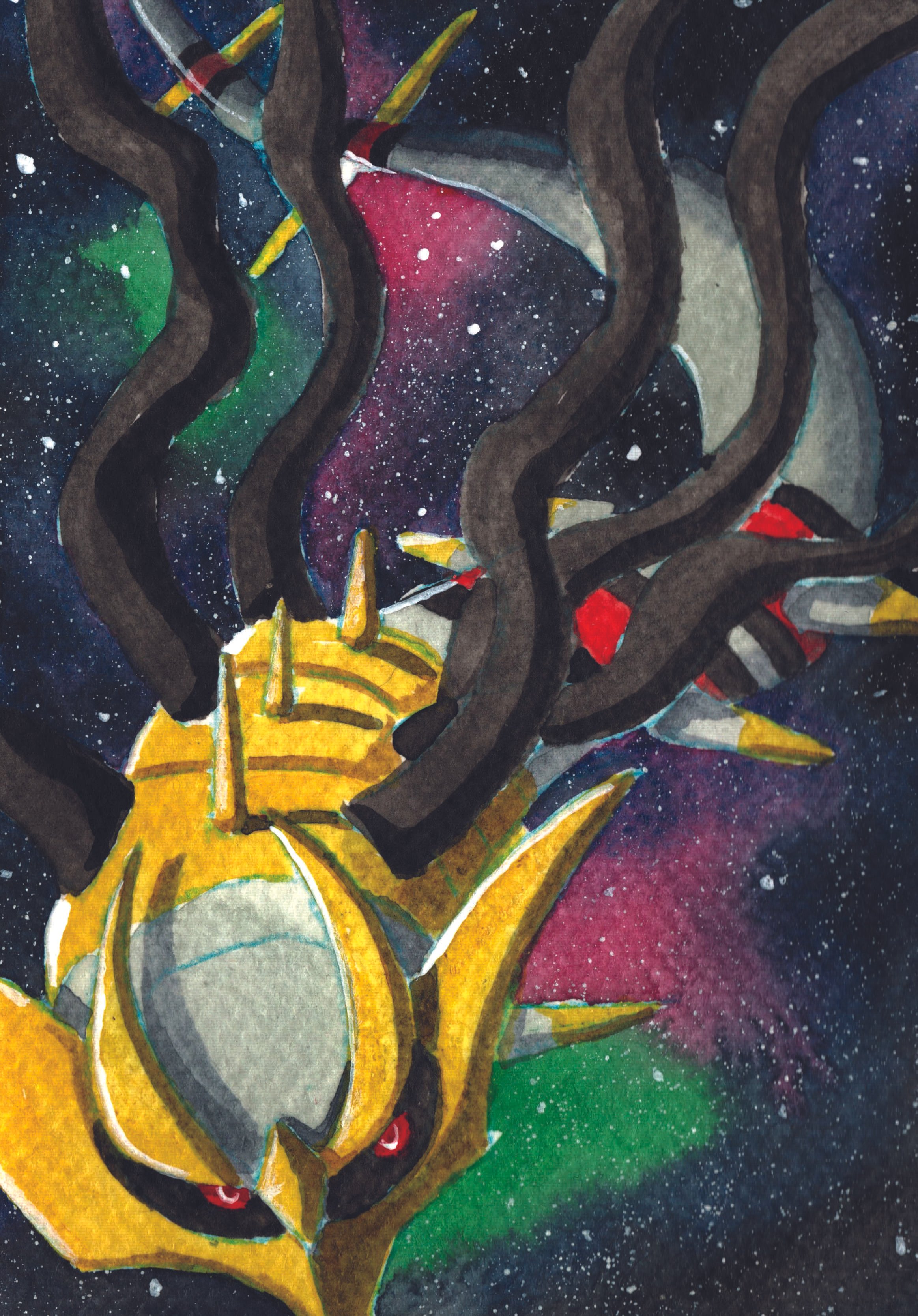 A painting of the Pokémon Giratina flying through space