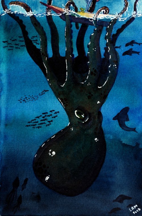 A large kraken grabbing a boat