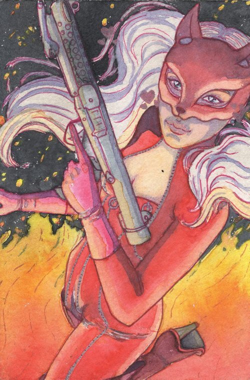 A painting of Ann from Persona 5 holding a large gun, with fire behind her