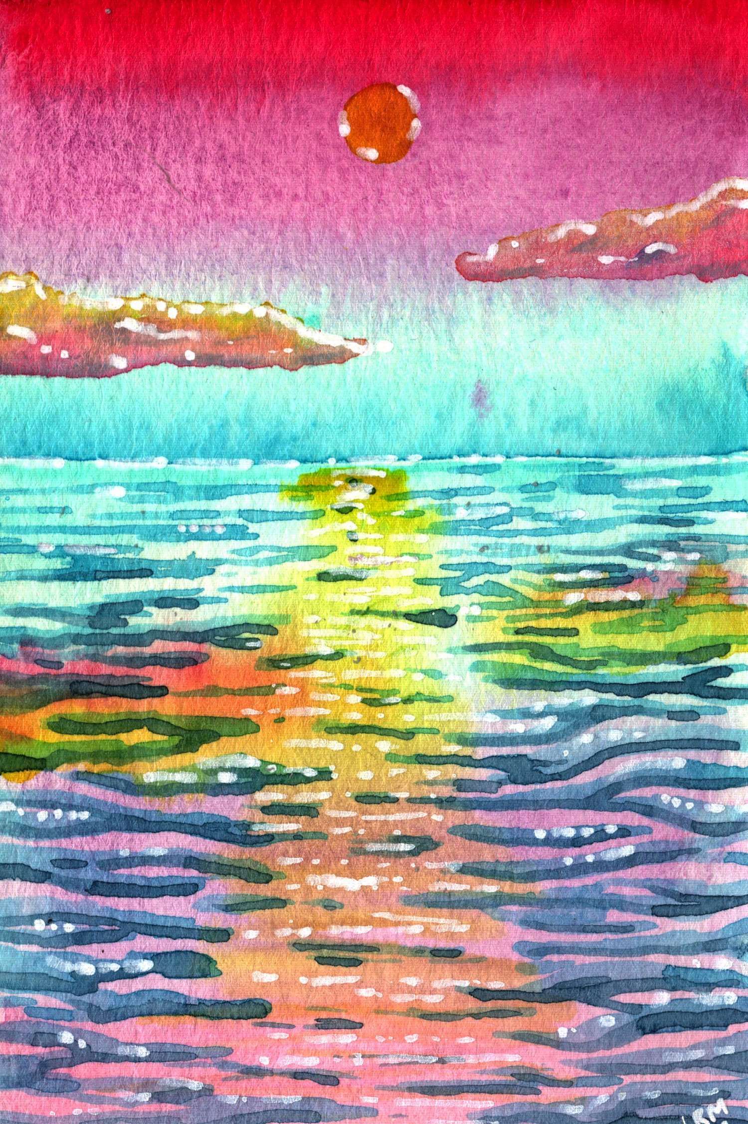A painting of a sunset or sunrise reflecting on a body of water