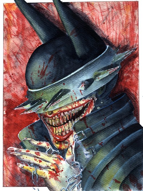 A portrait of The Batman Who Laughs, with his hand holding broken chains