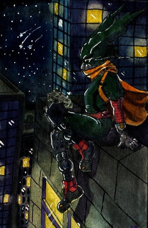 A painting of Deku from My Hero Academia relaxing on a rooftop in a city at night