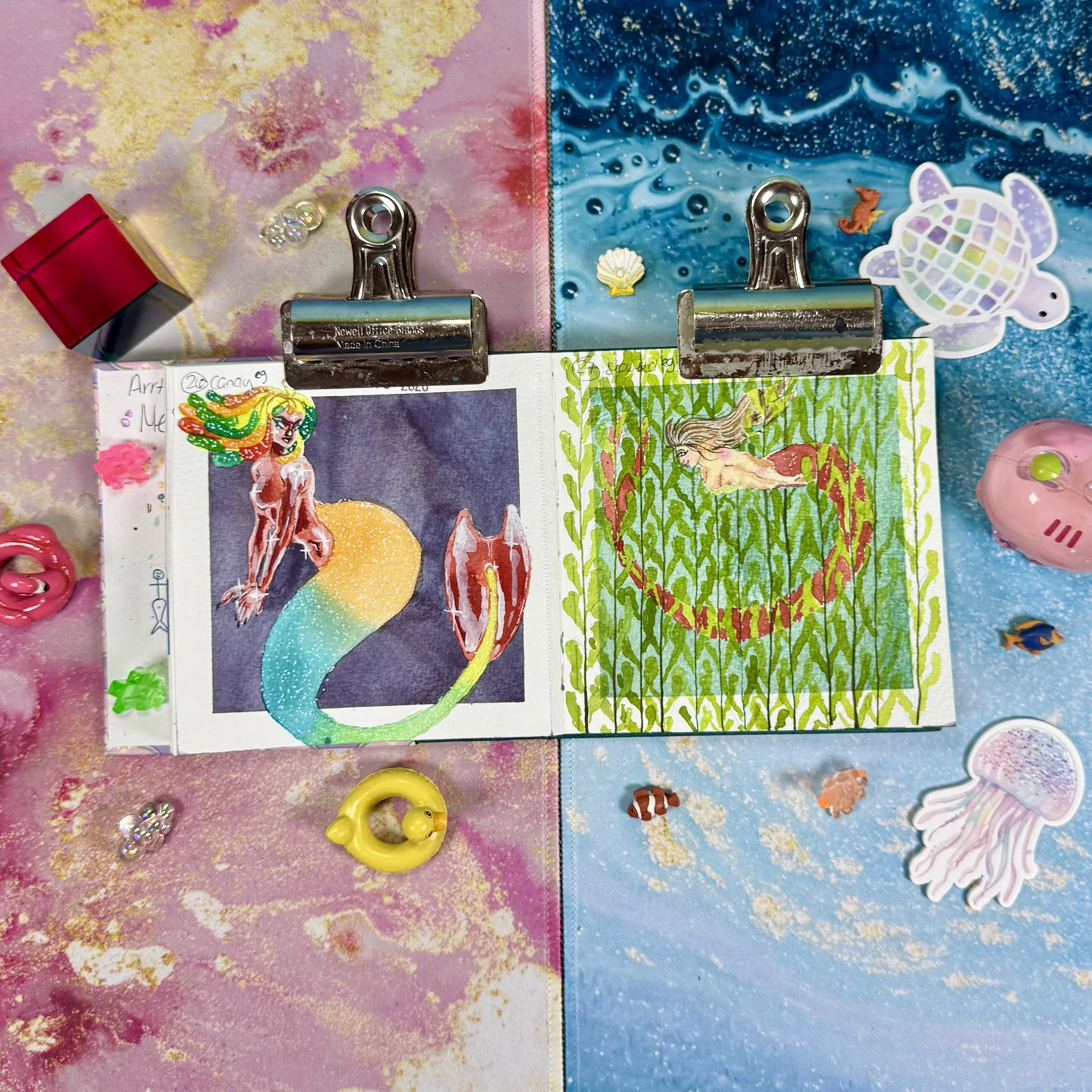 a candy mermaid and a mermaid swimming through seaweed