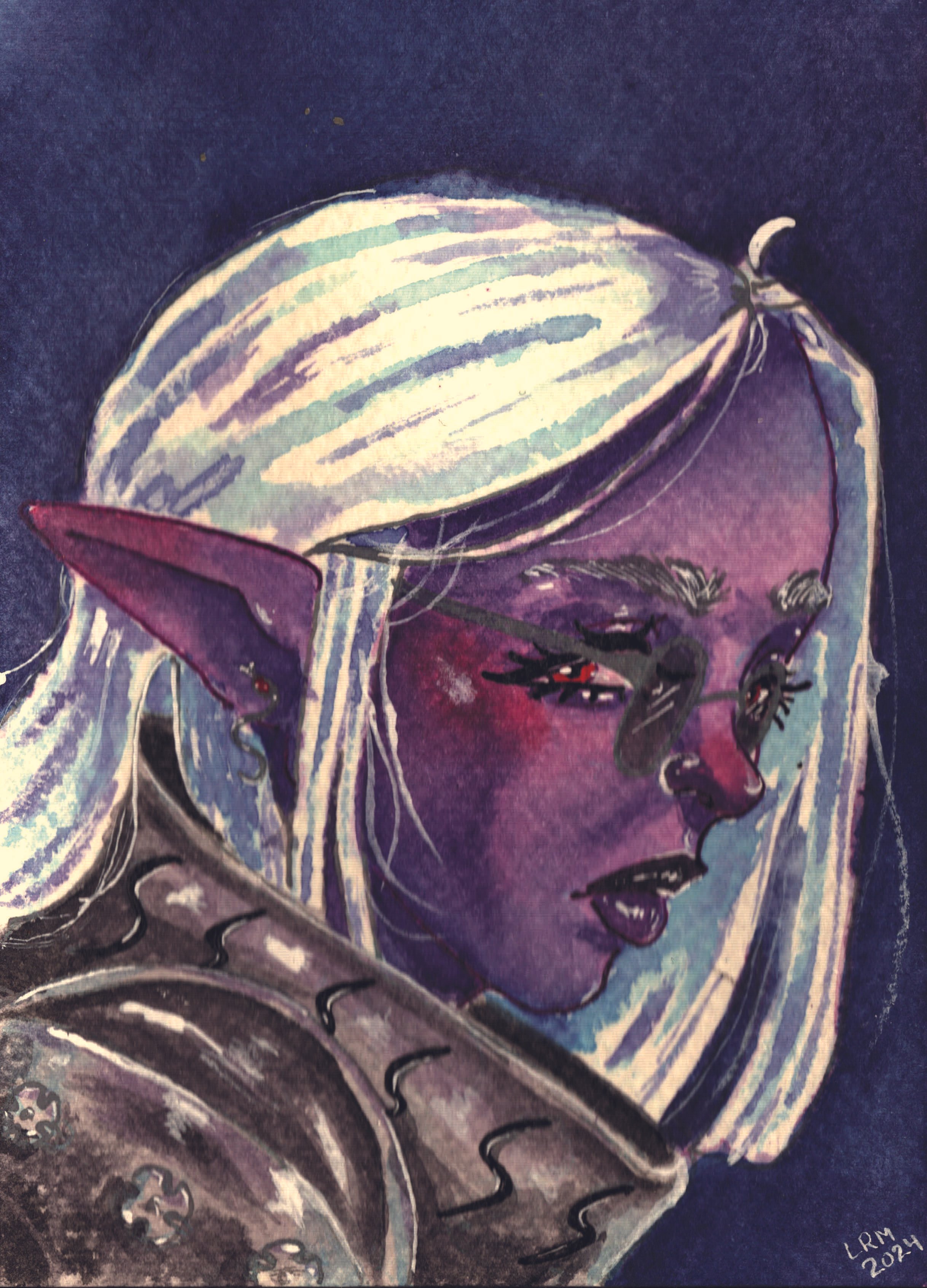 A portrait of a D&D character with white hair, purple skin, glasses, and a large gorget