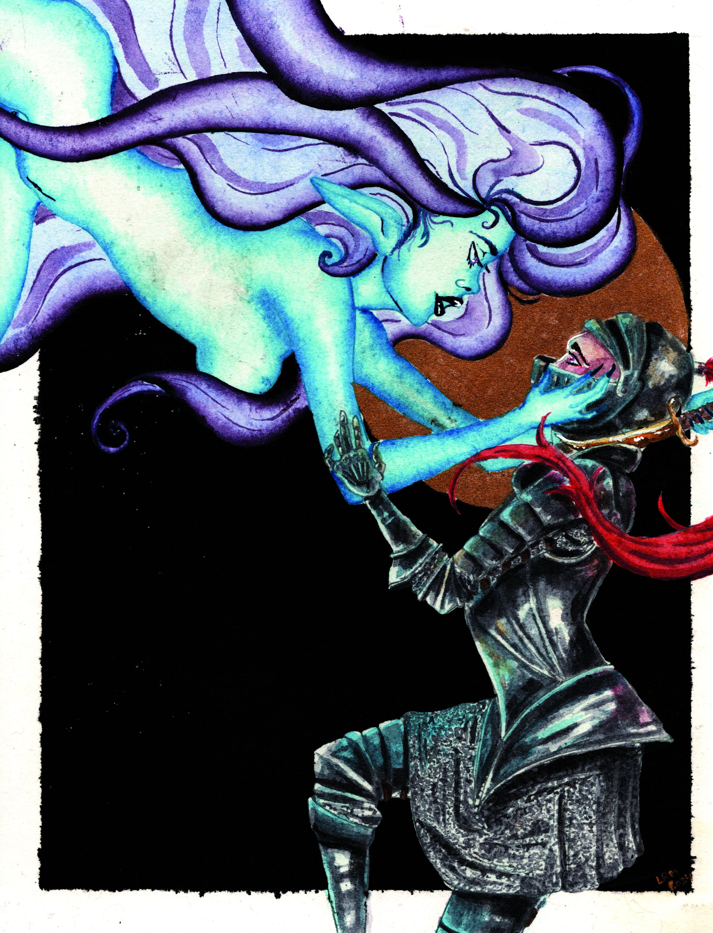 A painting of a kneeling knight being caressed by an ethereal femme being who is holding a knife against their neck