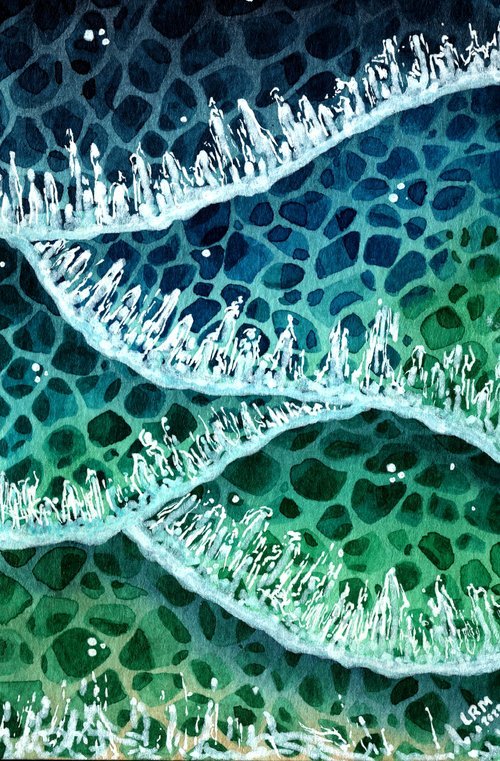 a painting of ocean waves from above
