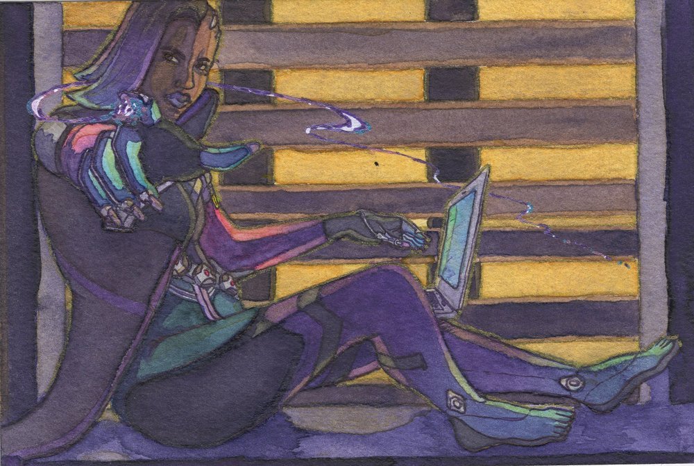 A painting of Sombra from Overwatch hacking something