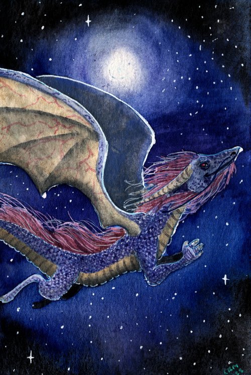 A purple dragon at nighttime