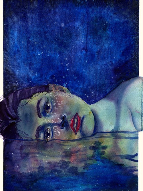 A painting of a femme person in a body of water
