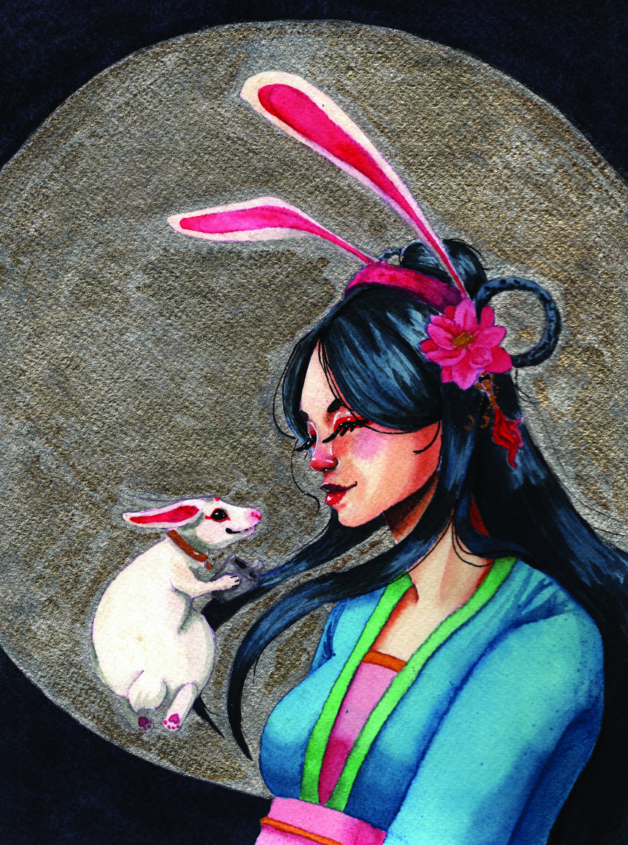 A painting of the Chinese goddess Chang'e with a large silver moon and bunny