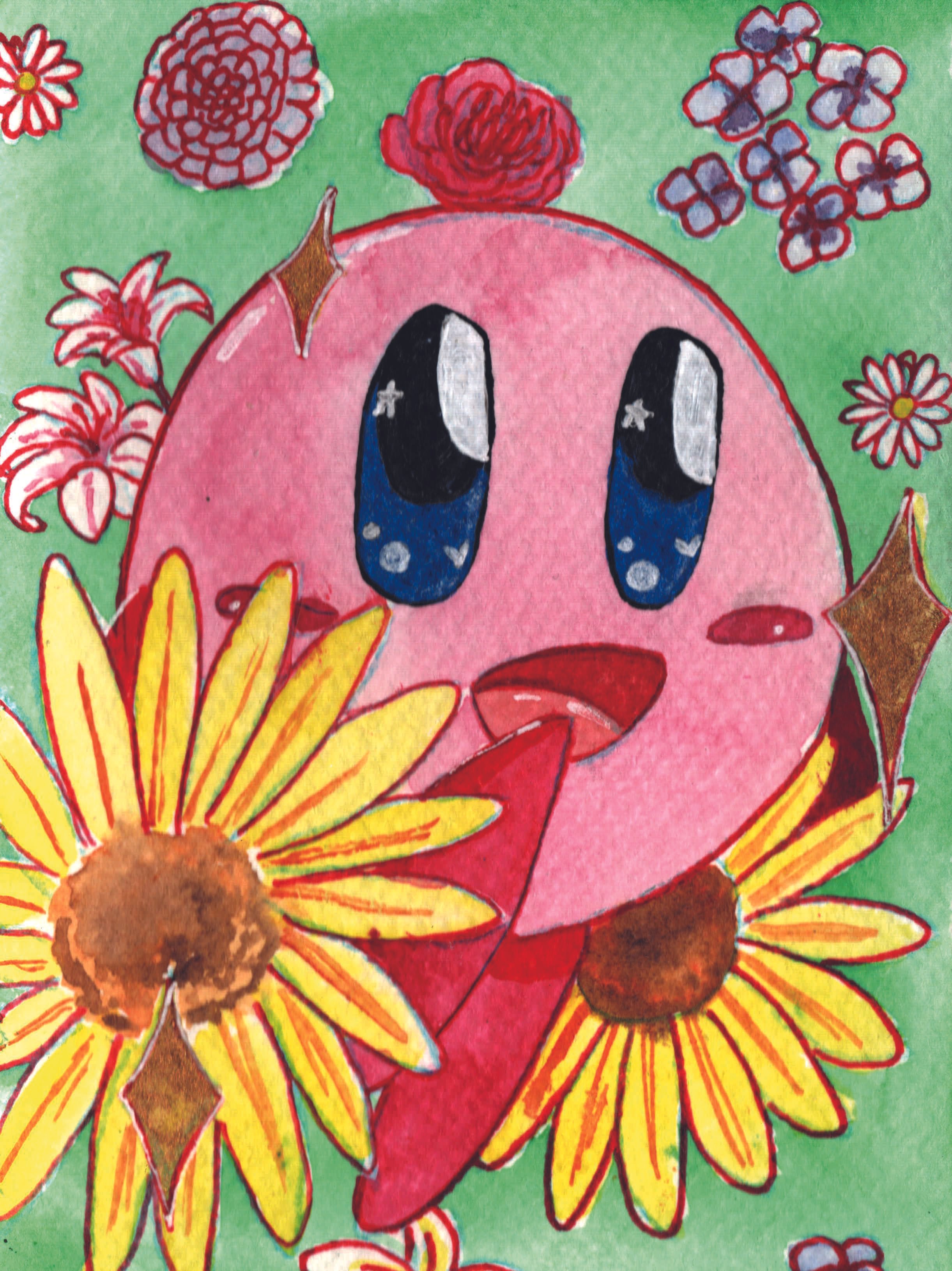 A painting of a jumping Kirby surrounded by flowers
